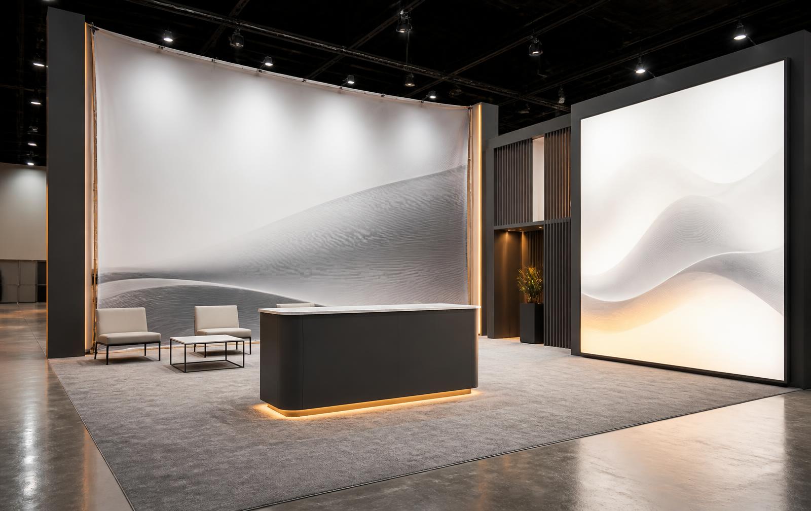 Modern trade show booth with a large tension fabric SEG backwall and a backlit SEG lightbox