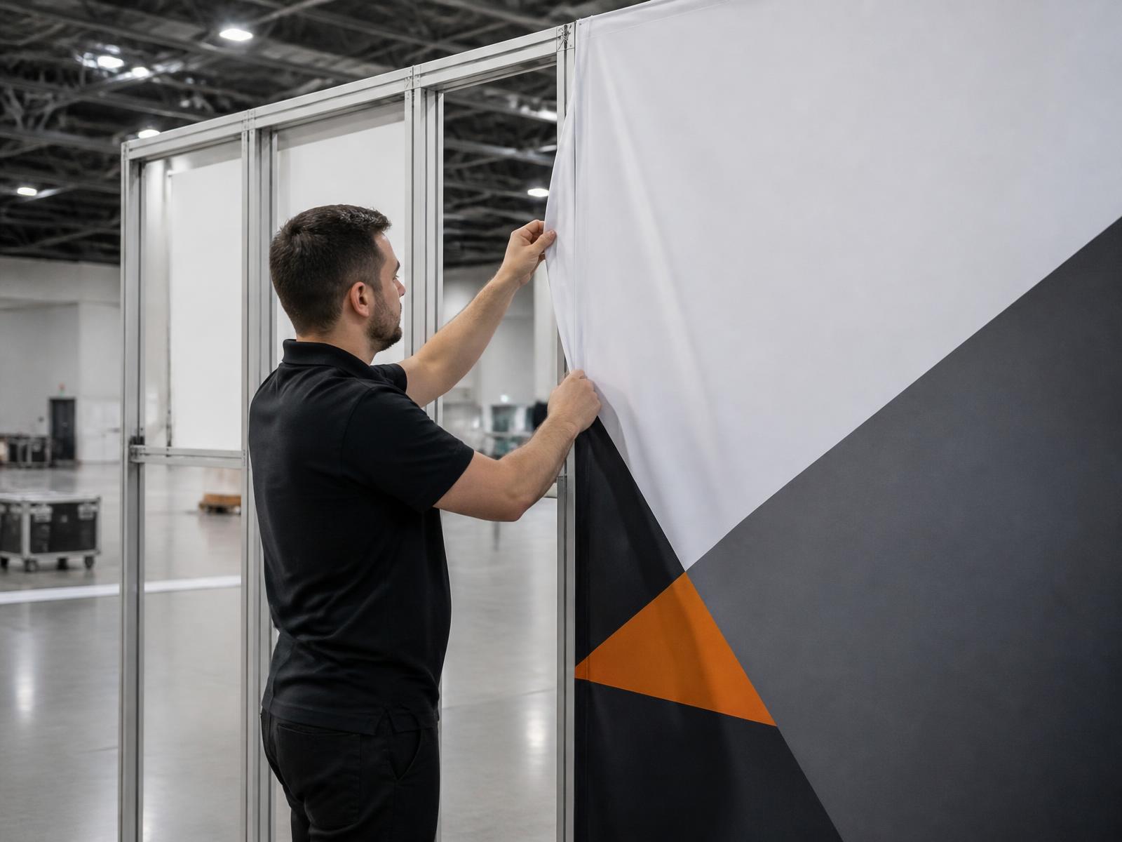 Technician fitting a new printed silicone-edge fabric graphic into an existing aluminum SEG trade show frame